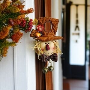 Vintage Northlight Scarecrow Fall Harvest Wreath 17" Doorknob Hanger Jingle Bell